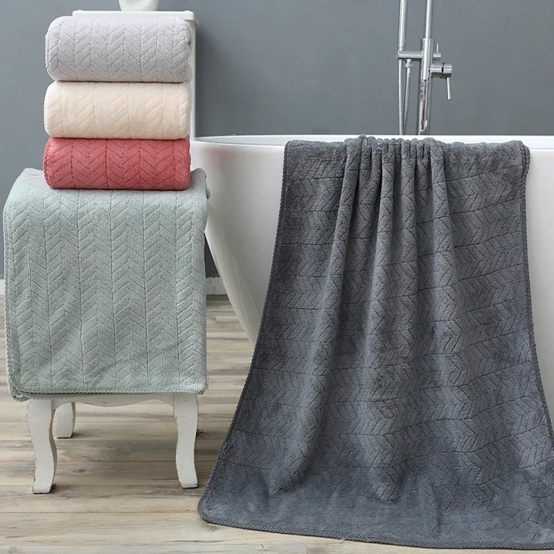 Home Textiles Face Towel - 70×140CM Ultra-Soft Absorbent Herringbone Embossed Coral